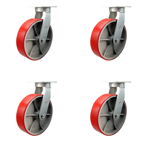 12'' Extra Heavy Duty Red Poly on Cast Iron Wheel Swivel Caster , 4PK